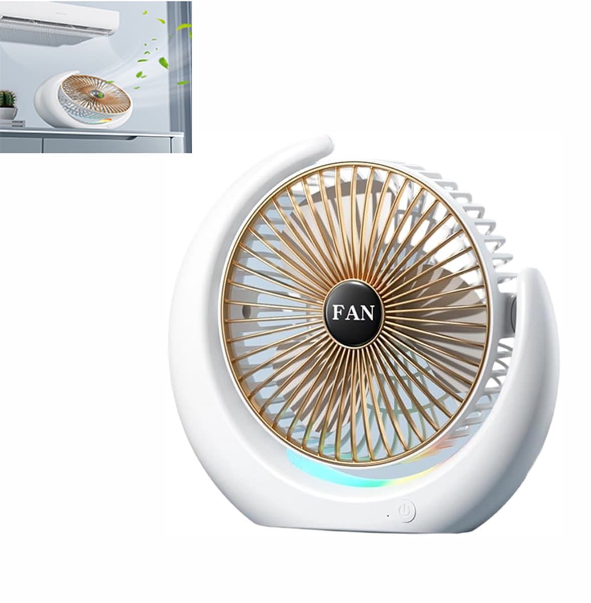 Oplaadbare bureaumventilator - USB tafelventilator met RGB licht - Stille kleine bureauventilator - 3 snelheden tafelventilator - RGB looplicht, bedraad en draadloos gebruik - Kunststof - 20×5×21cm - Geschikt voor kantoor en thuis - Goud — afbeelding 1