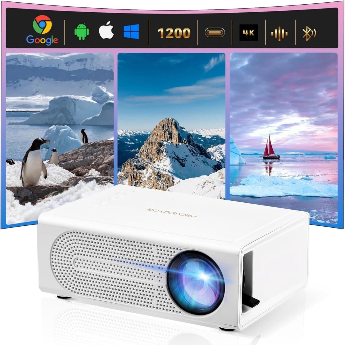 SnelShoppen - Mini-beamer, Draagbare Bluetooth-projector Full HD 1080P voor Thuisbioscoop, Compatibel met iOS, Android, Windows, TV-stick, HDMI, Smart — afbeelding 1