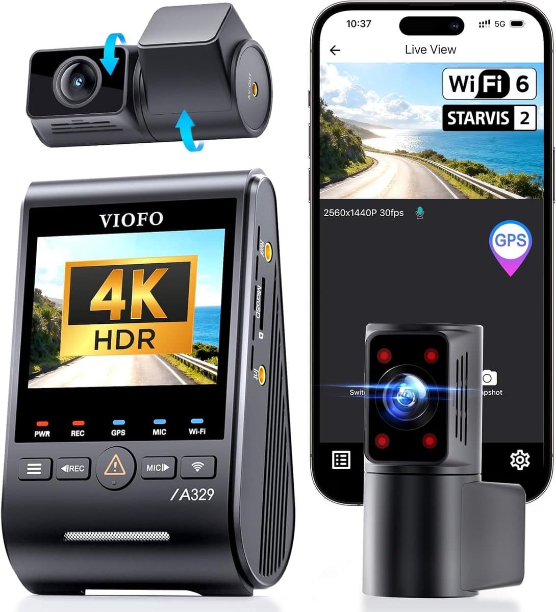 Thijox - VIOFO A329S 3CH 4K Dashcam Auto Voor en Achter, 4K 2K 2K 3 Lenzen, Energiebesparende Parkeermodus, 210° Ultragroothoek Binnencamera, Wi-Fi 6 — afbeelding 1