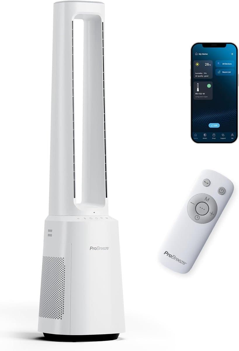 Bladloze Torenventilator met HEPA 13-filter – WiFi, 6 Snelheden, 5 Modi en 60° Oscillatie – Wit — afbeelding 1