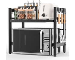 SnelShoppen - Expandable Magnetron Rack - Keuken Organizer - Verstelbare Magnetron Stand - Zwart - Met 6 Haken - Ideaal voor Oven, Koffiezetter, Werkb