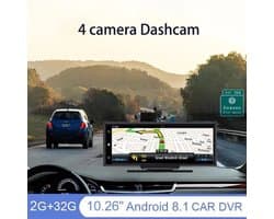 Dashcam voor Auto - 10.26” Touchscreen Dashcam - 4 Camera’s - 4G Android 8.1 - 360° Panorama - GPS & ADAS - Parkeermodus - Zwart
