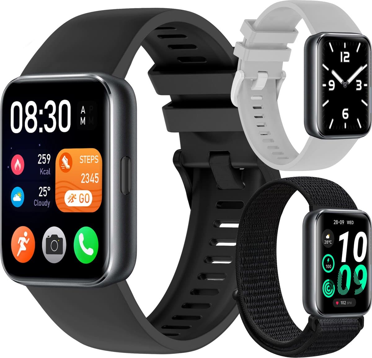 Siltcon® Activity Tracker Pro - Stappenteller Horloge Dames & Heren - Smartwatch Heren - Smartwatch Dames - Belfunctie - 1,75″ Touchscreen - Hartslagmeter & Bloeddrukmeter - Slaapmonitor - Elke Pols - Geschikt voor iOS/Android - Incl. 3 Bandjes — afbeelding 1