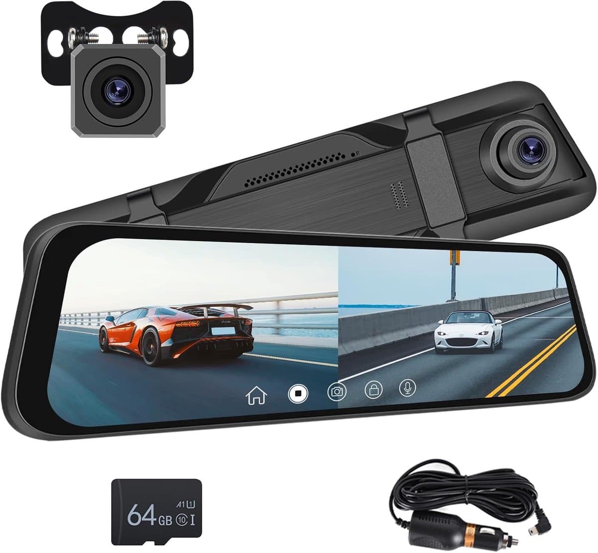 SnelShoppen - Dashcam Achteruitkijkspiegel Camera 9.66 Inch IPS LCD Touch Screen, Dual Camera 1080p met Nachtzicht, Parkeermonitor, Beweging Detectie, — afbeelding 1