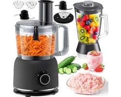 Thuys - Foodprocessor & Blender 1500W – 2,5 L Foodprocessor + 2 L Glazen Blender – 20.000 RPM – 2 Snelheden & Pulse – Zwart