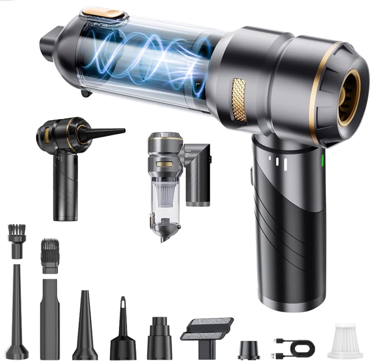 Auto Stofzuiger Draadloos 4-in-1 – Opvouwbare Handstofzuiger met Blaasfunctie – 16 kPa – 80.000 RPM – 3 Standen – USB-C – 11 Accessoires – Zwart/Goud — afbeelding 1