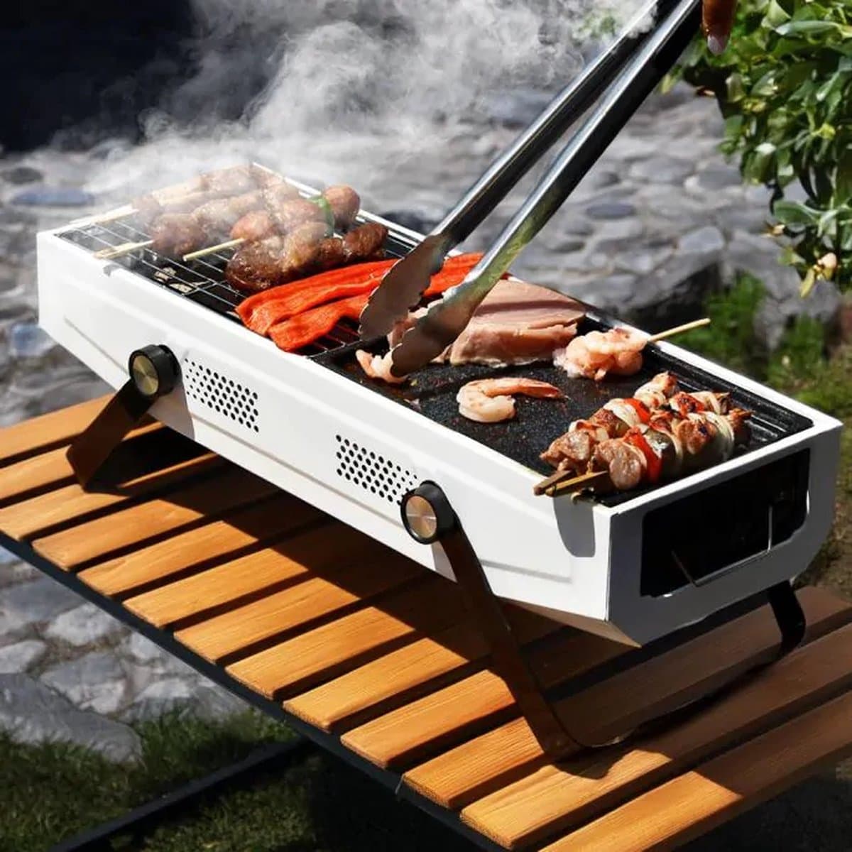 MikaMax - 2 in 1 Compact BBQ Wit - GrillMaster Roker - Draagbare Houtskoolbarbecue - Tafelbarbecue — afbeelding 1