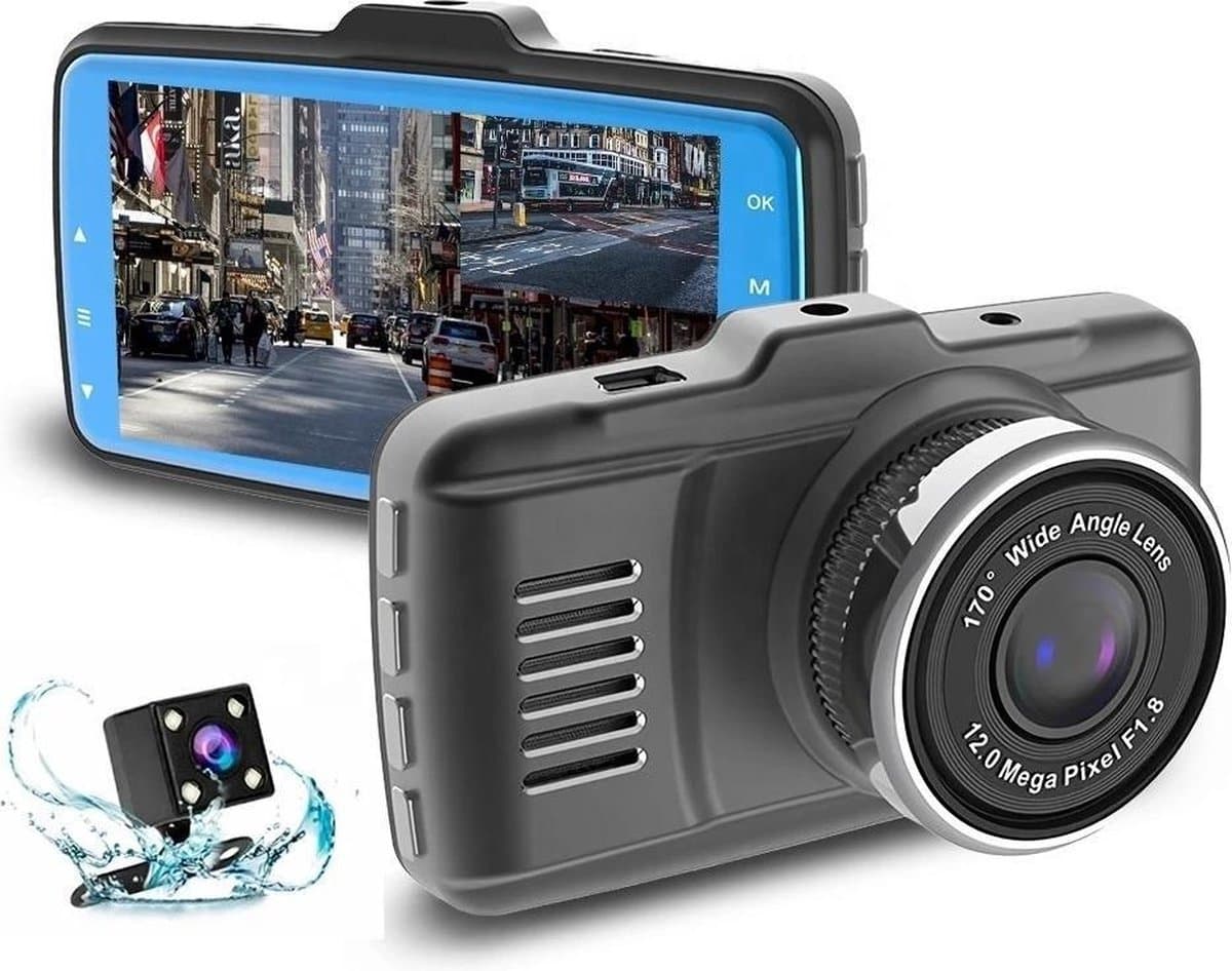 TechU™ Dashcam Dual Camera – M18 – Dashboardcamera – 3 inch Full HD Scherm – Nachtvisie – Looprecording – Bewegingssensor – G-sensor – Parkeermonitor – Incl. Achteruitrijcamera - voor auto -– Kerst & Kerstcadeau — afbeelding 1