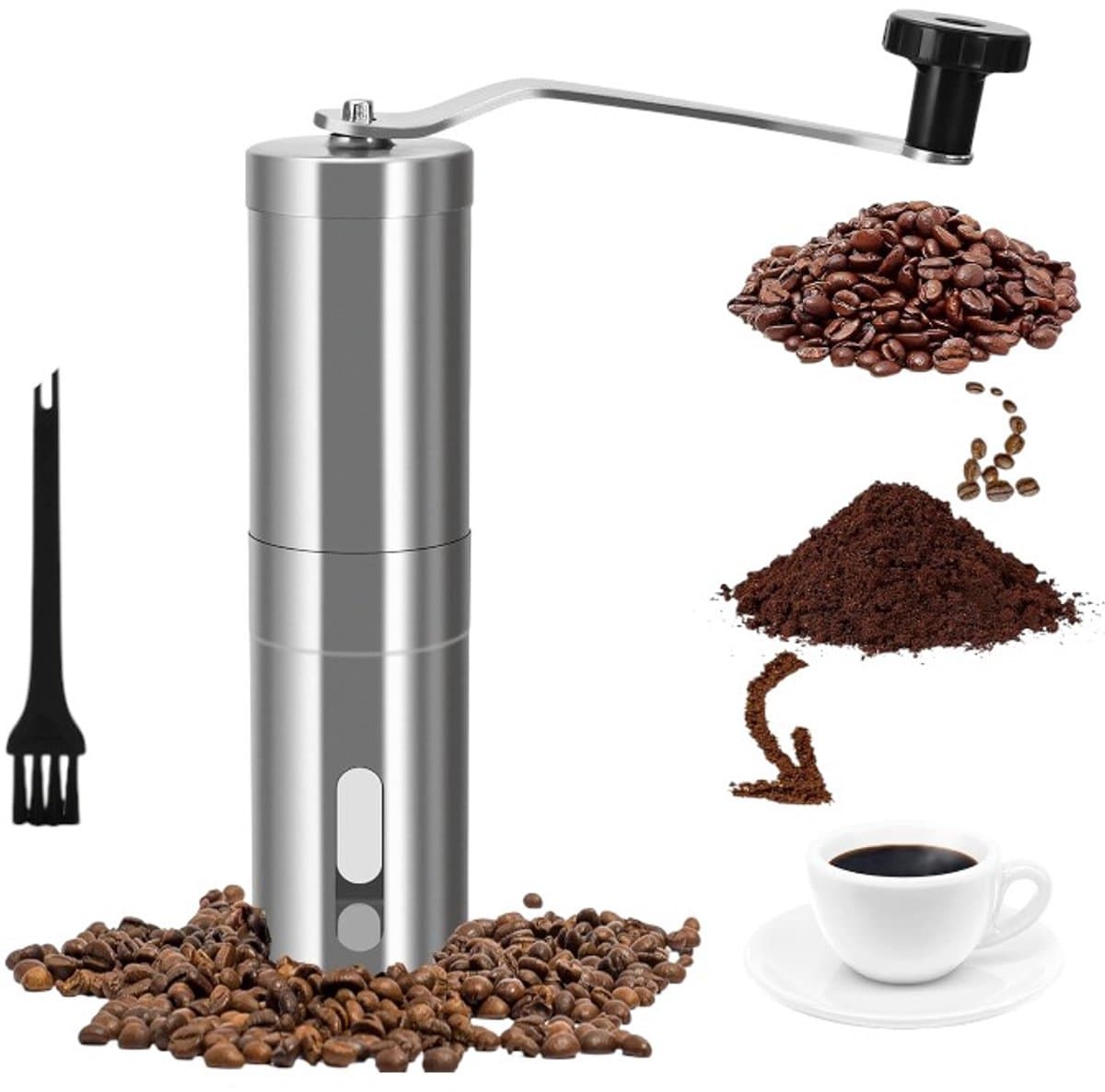 1 stuk - Handkoffiezetapparaat - Koffiemolen - Zilver - Handmatige koffiemachine - Roestvrij staal - 4,8 * 4,8 * 18,8 cm - Roestvrijstalen koffiezetapparaat - Geschikt voor reizen, thuis en kamperen - Geschikt voor espresso en French press koffie — afbeelding 1