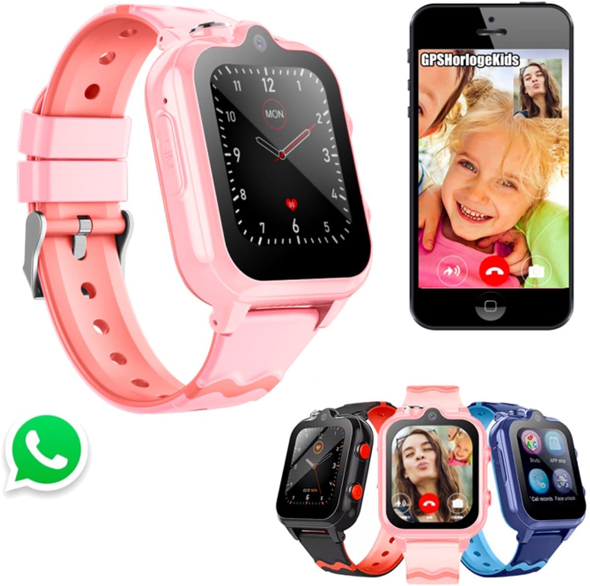GPSHorlogeKids© - GPS horloge kind - smartwatch kinderen - WhatsApp - 4G videobellen - spatwaterdicht - SOS alarm - Dual Camera - gezichtsherkenning - incl. SIM - DUO Roze — afbeelding 1