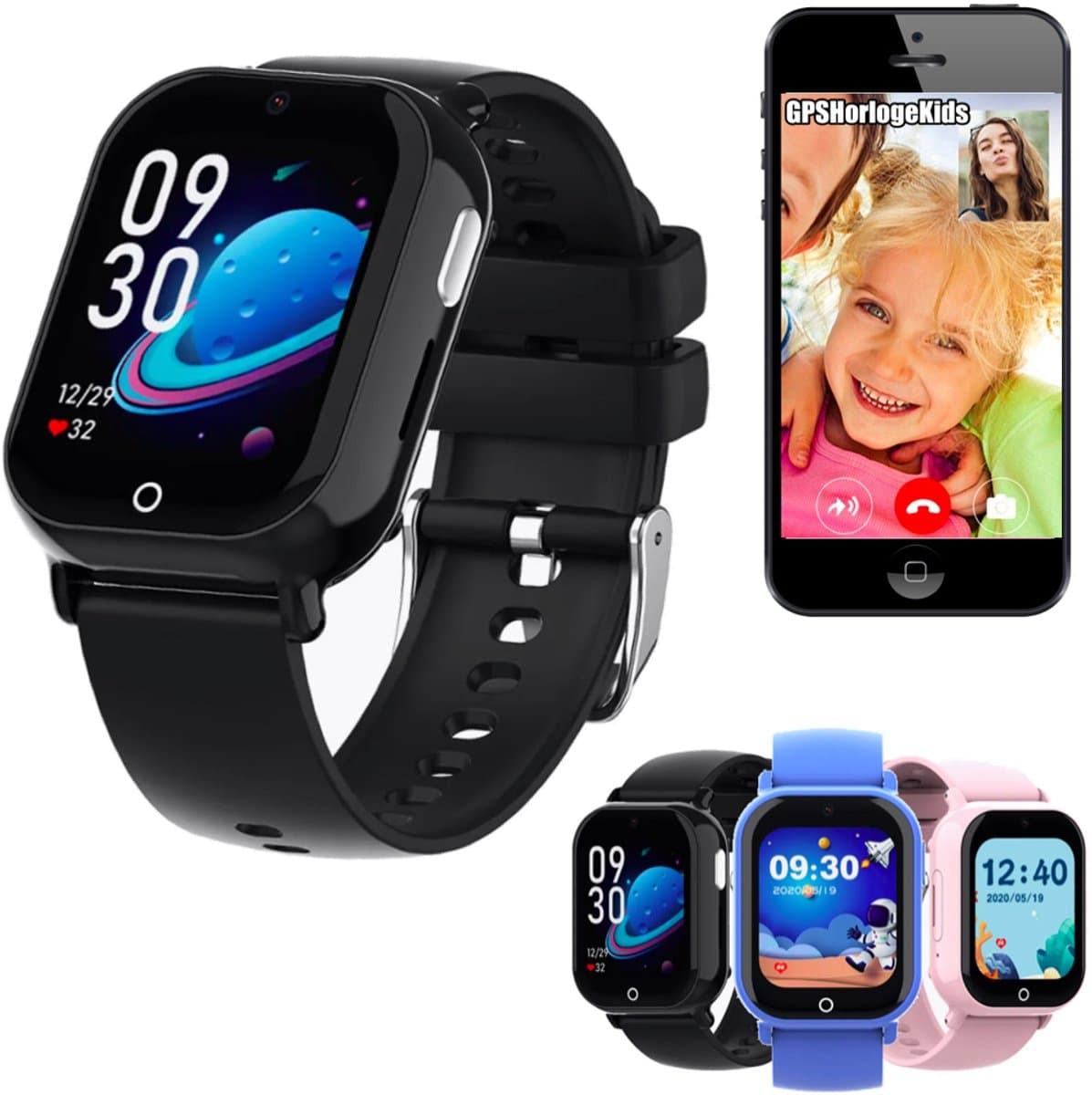 GPSHorlogeKids© - smartwatch kinderen - GPS horloge kind – kleinste model 2025 – kinder smartwatch - 4G videobellen - spatwaterdicht - SOS alarm - incl. SIM - PAX Zwart — afbeelding 1