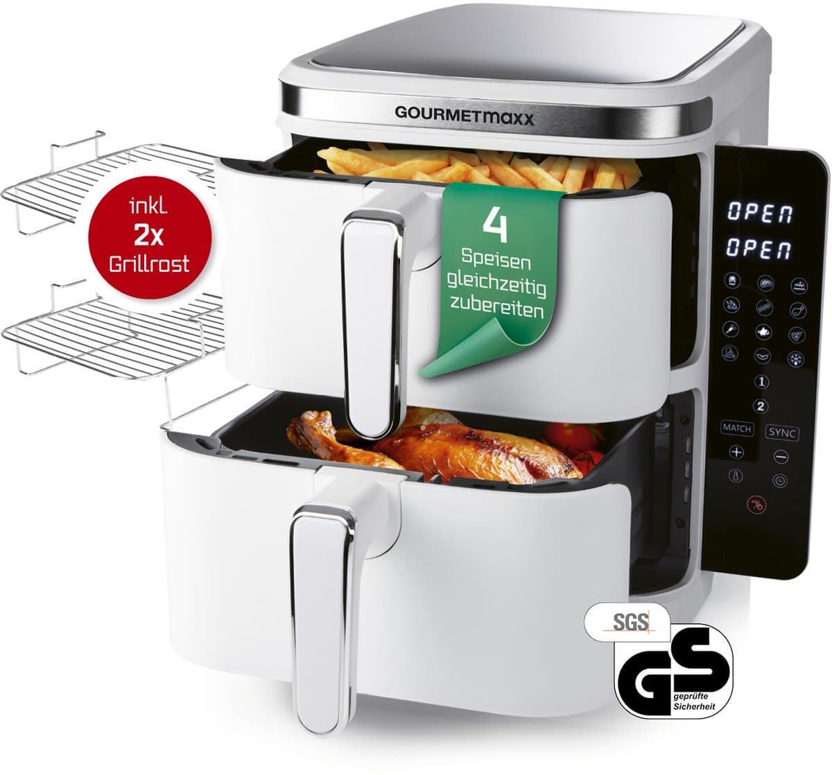 GOURMETmaxx FryUp Verticale heteluchtfriteuse met dubbele kamer, verticale airfryer, inklapbaar touchscreen, 32% ruimtebesparend, inhoud 10 liter, heteluchtfriteuse, 2 kamers — afbeelding 1