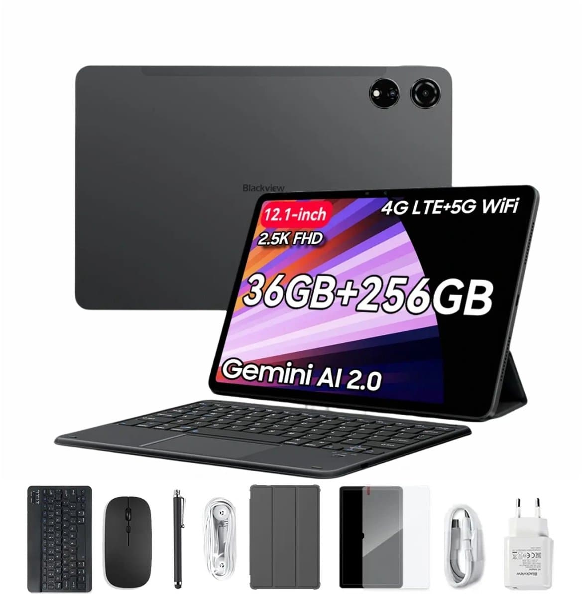 Blackview MEGA 3 Tablet Sets - Android 15 - 4G LTE+WiFi - 12.1 Inch - 36GB RAM - 256GB - Dual 4G LTE - 8800mAh - 13MP+50MP Camera - Grijs — afbeelding 1