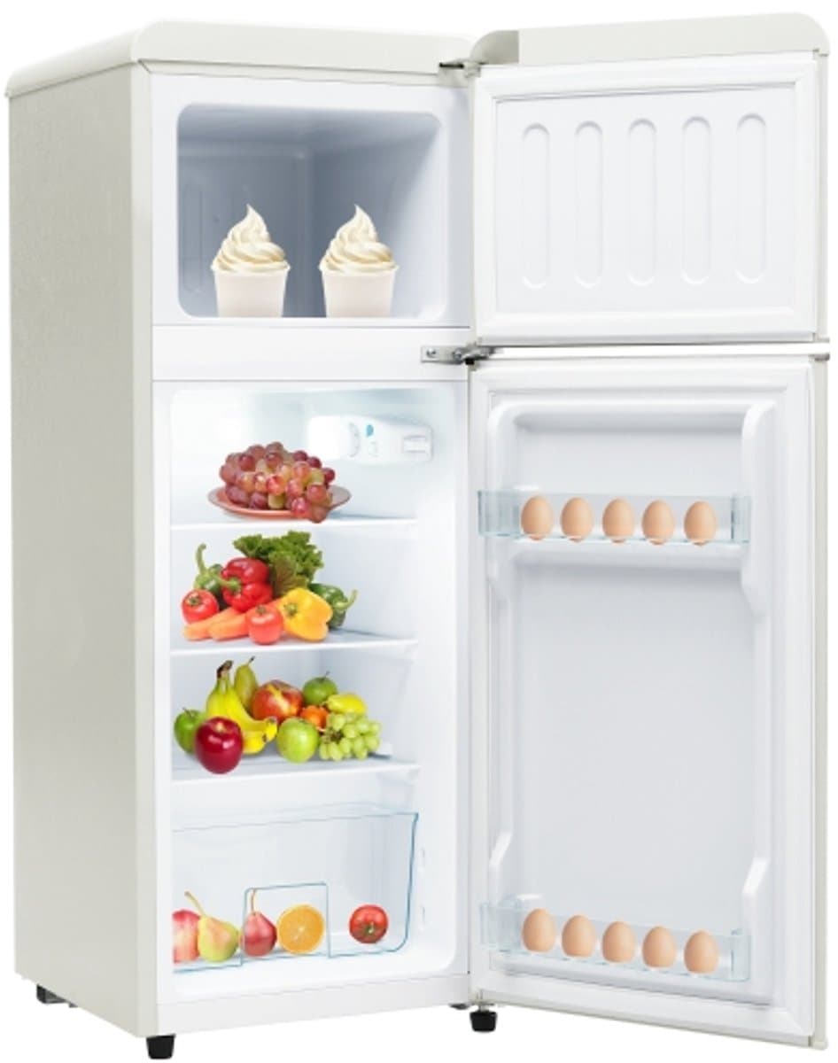 retrokoelkast, koel-vriescombinatie, 105,5 cm hoog, 41 cm breed, tweedeurig, met 92 liter totaal volume, 28 liter vriesvolume. Deurrek en glasrek. 116 kWh/jaar, -27掳C ~13掳C, LED-verlichting — afbeelding 1