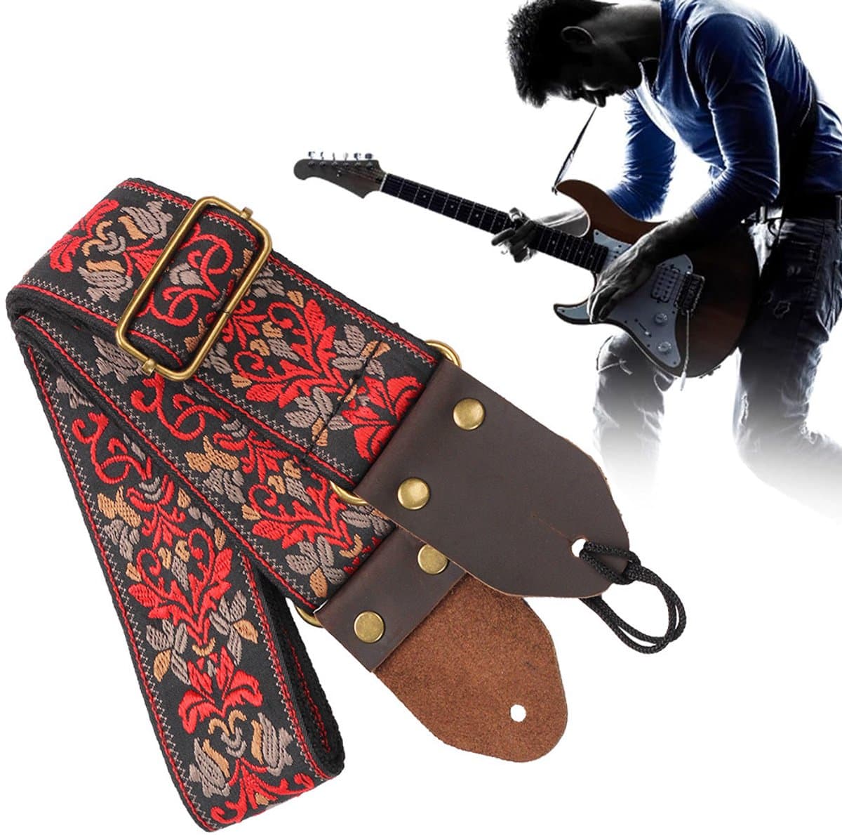 Gitaarband - Gitaarriem - Guitar Strap - Geborduurd Gitaarband - Gitaarband Elektrische Gitaar - Stevige Gitaarband - Verstelbare Gitaarband - Universeel - 5cm Breed - Voor Heesbas/Elektrische /Akoestische/ Klassieke Gitaar — afbeelding 1