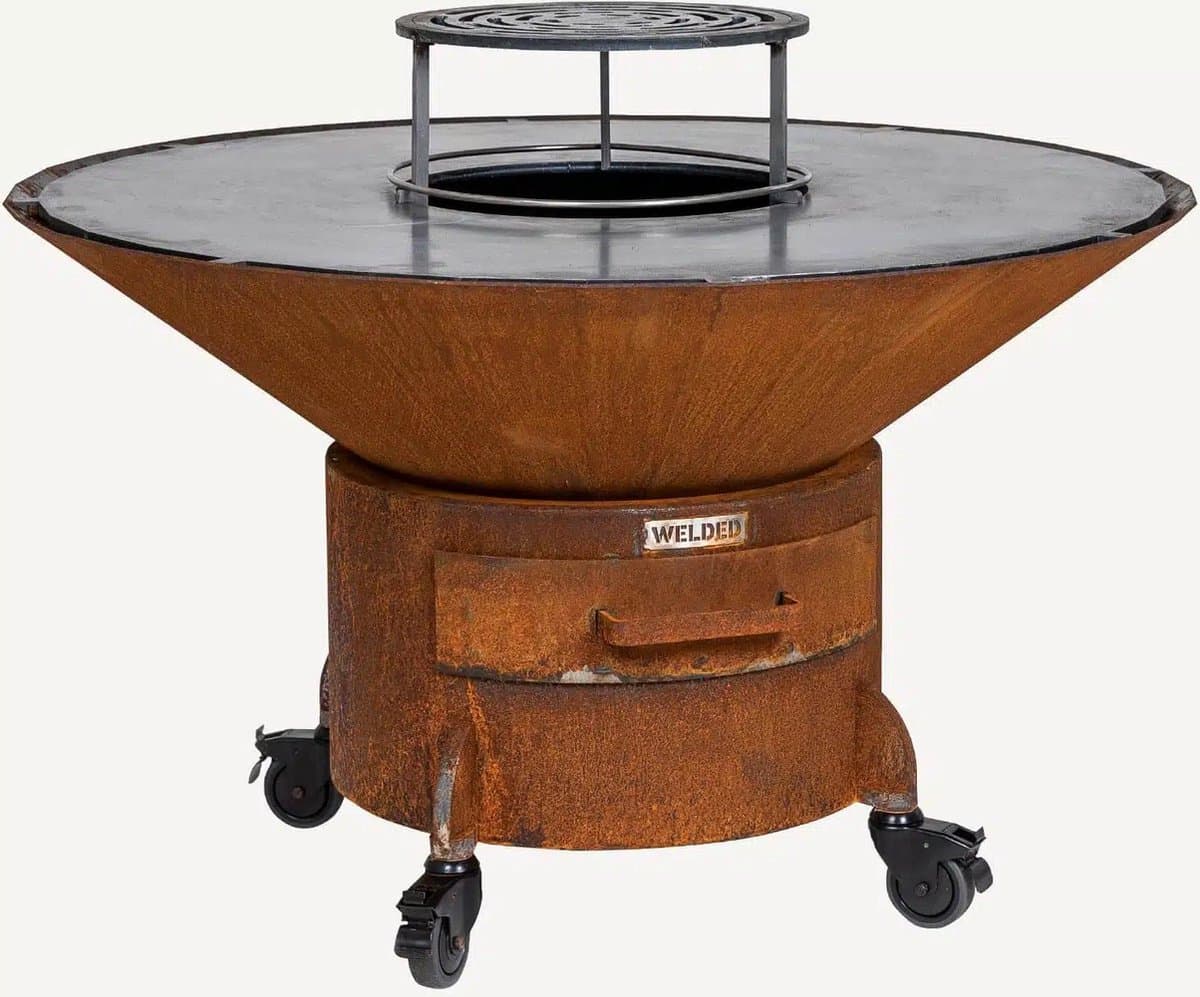 WELDED DRUM 1000 Barbecue Vuurschaal - BBQ Lounge - cortenstaal - houtgestookt-standaard met wielen, aslade, regelbare luchttoevoer onder in vuurschaal waardoor veel minder last van rook, afdekplaat — afbeelding 1