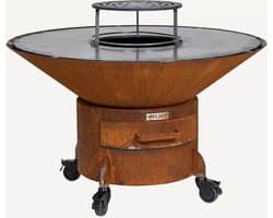 WELDED DRUM 1000 Barbecue Vuurschaal - BBQ Lounge - cortenstaal - houtgestookt-standaard met wielen, aslade, regelbare luchttoevoer onder in vuurschaal waardoor veel minder last van rook, afdekplaat