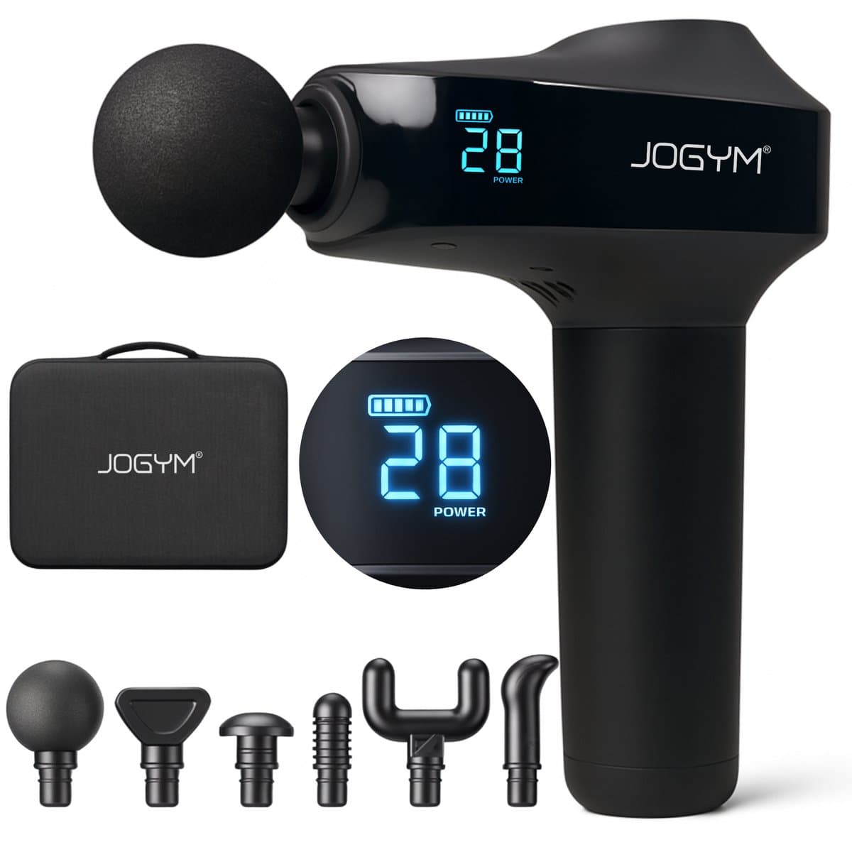 JOGYM® - Massage Gun – Massage Apparaat – Massage Pistool - 6 Opzetstukken - Professioneel Massage Gun - Handmassage Apparaat - 30 Standen – LCD – Extra Stil En Krachtig – Rug - Schouders - Nek - Knie - sport spullen — afbeelding 1