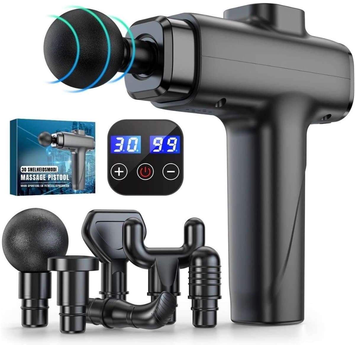 RWB® Massage Pistool - Massagepistool - Massage Gun - 30 Snelheden - 8 Massagekoppen - Zwart - 15cm x 10cm x 7cm — afbeelding 1