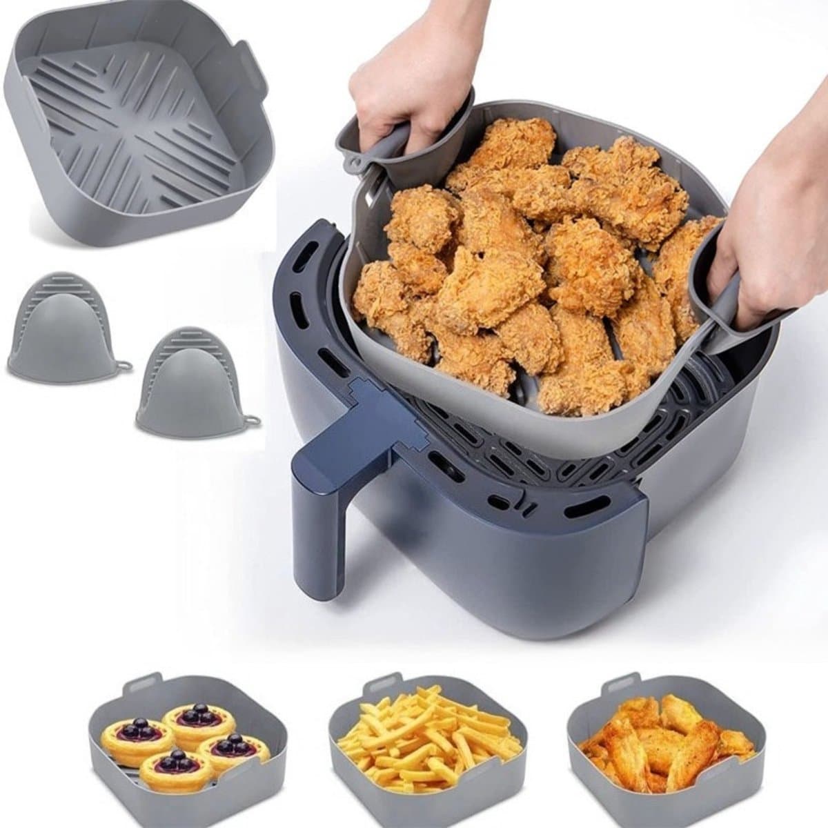 Siliconen Hittebestendige Mandset Voor Heteluchtfriteuses | Inclusief Handmand + Hittebestendige Tang (1 Paar) · Gemakkelijk Schoon Te Maken · Geschikt Voor Heteluchtfriteuses Van 5 Liter (grijs) — afbeelding 1