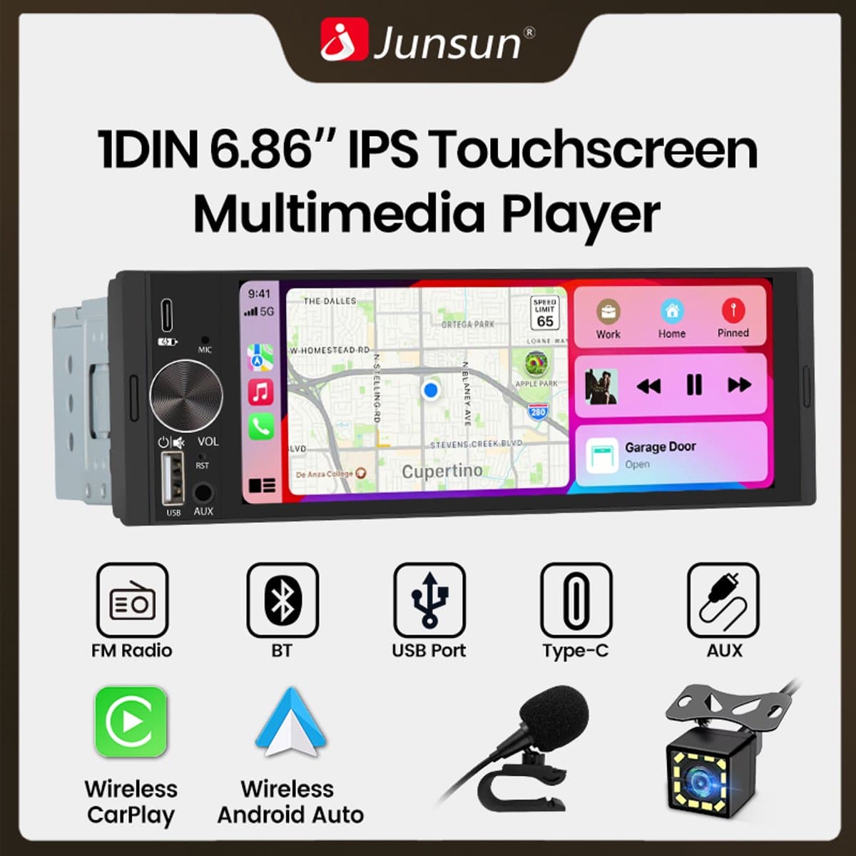 Junsun 6,86 inch Universele 1 Din Autoradio MP5-speler Draadloze Carplay Android Auto BT SWC FM USB Type-C-stekker — afbeelding 1