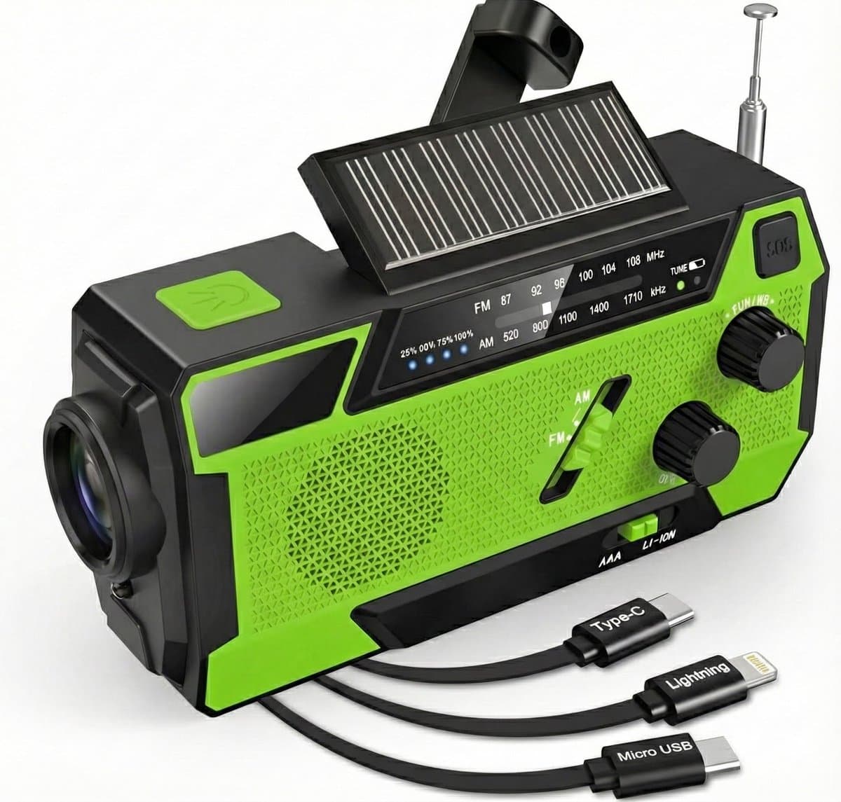 NaturaNex Noodradio Solar Opwindbaar Radio - Powerbank 4000mAh Zonneenergie - Ingebouwde Kabels - Dynamo / Zonnepaneel - Noodpakket - Zaklamp Opwindbaar - Survival Kit - FM - AM — afbeelding 1