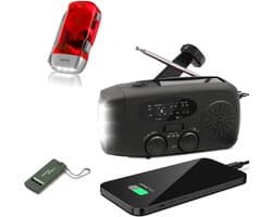 Nood Radio Op Batterijen (Accu) Voor Rampen - Knijpkat - Noodfluit - Radio Opwindbaar - Noodradio - Solar Opwindbaar - Multifunctionele Noodradio - Survival Radio - Zaklamp / Powerbank - Noodpakket - Noodpakket voor Thuis - Draagbare Radio - Zwart
