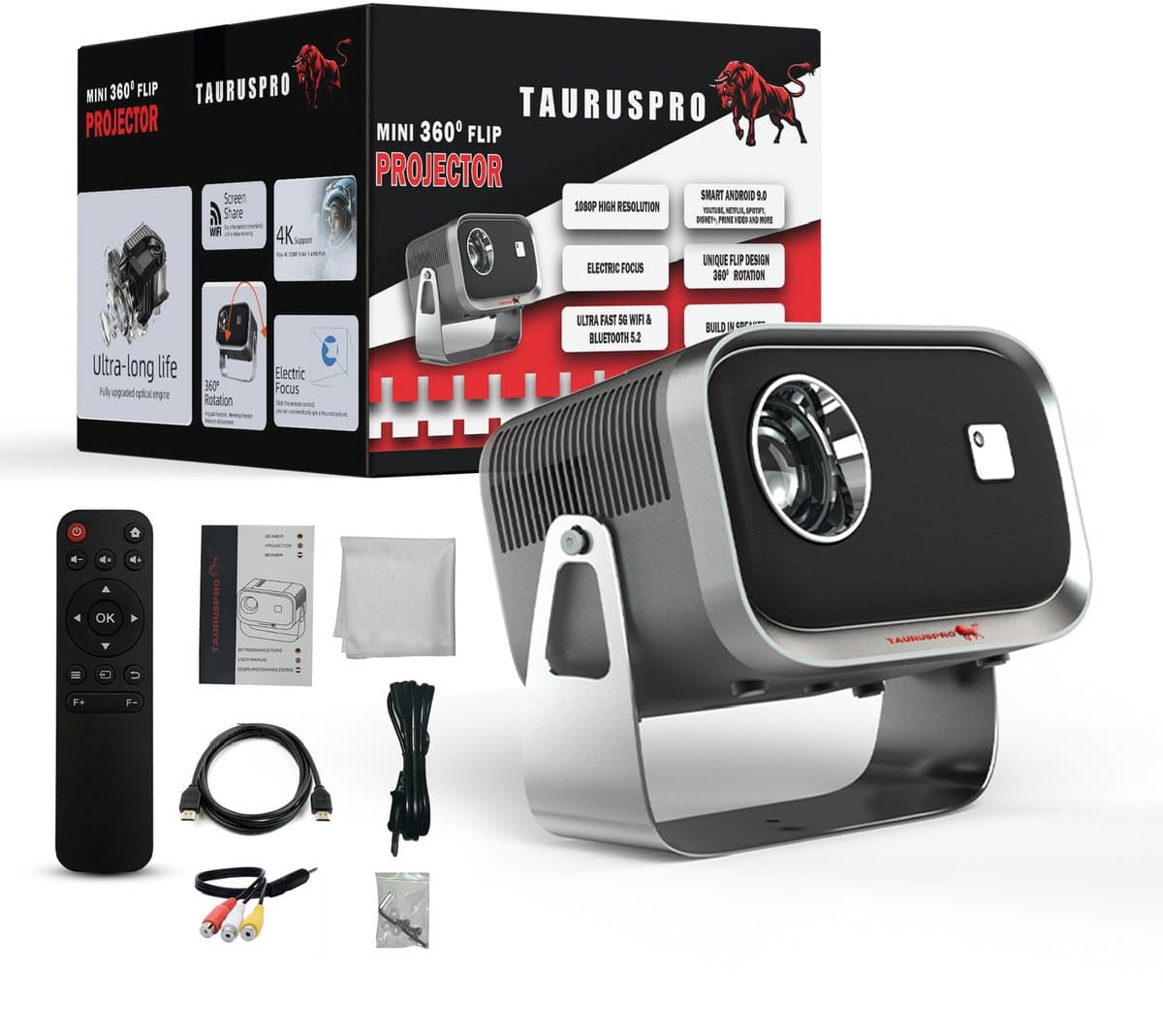 TAURUSPRO® Mini Beamer & Projector – Full HD 1080p – 4K Ondersteuning – Android 11.0 – Draagbare Beamer voor iOS & Android – WiFi 6 & Bluetooth 5.2 – Inclusief HDMI & Afstandsbediening – Home Cinema — afbeelding 1