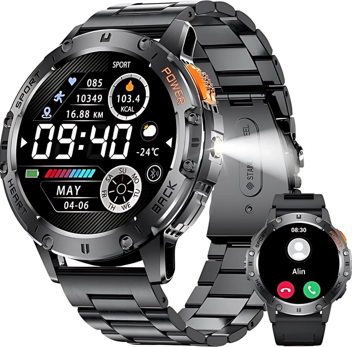 Royal Empire Amoled Smartwatch - Smartwatch Heren - Inclusief Led lampje - 48MM - RVS & TPU Bandje - Bloeddrukmeter - Stappenteller - Hartslagmeter - Slaapmonitor - Multisport Geschikt voor alle Smartphones - Zwart — afbeelding 1
