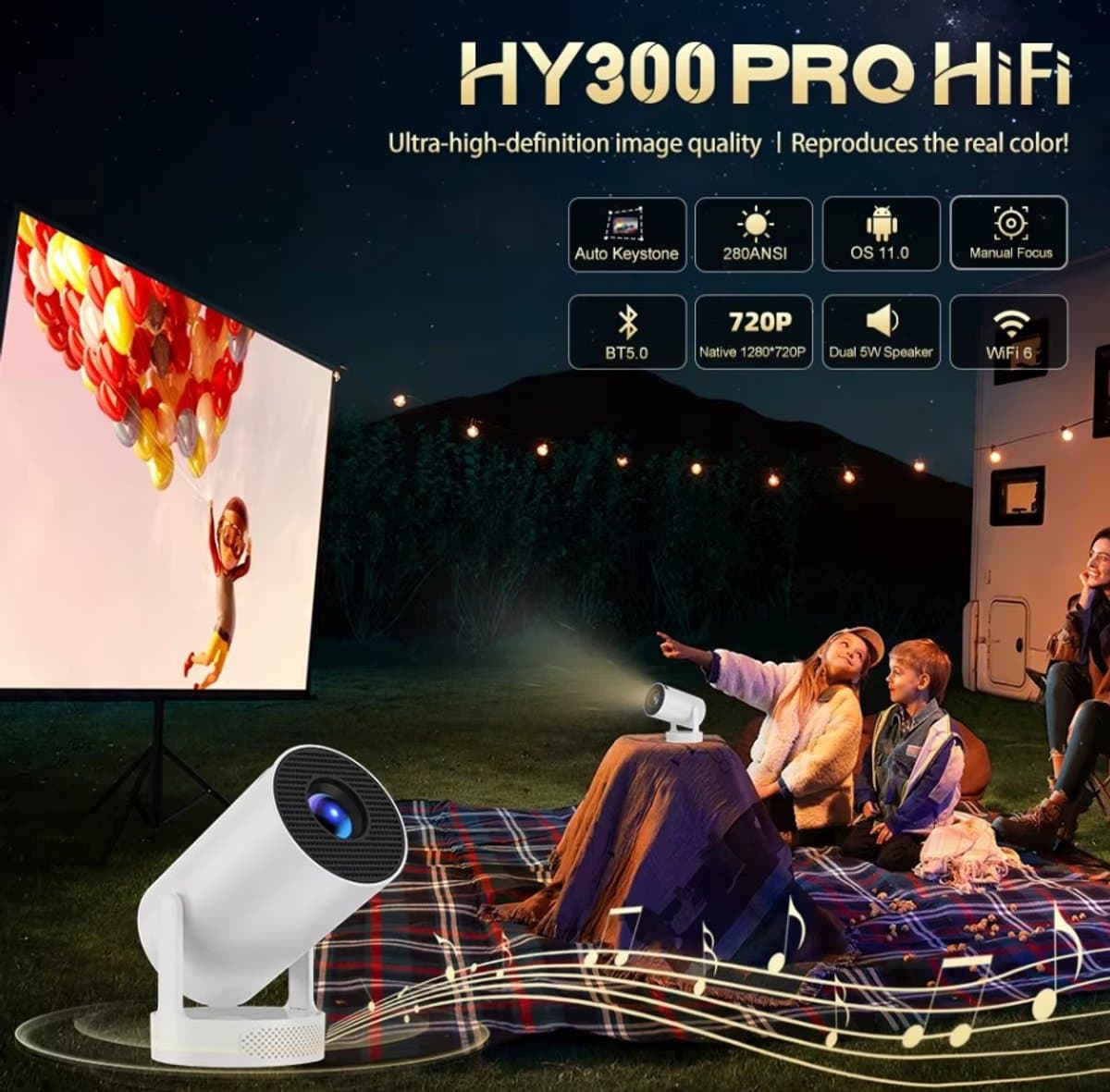 Projector Hy300 Pro - Mini beamer - 4K Android 11 Dual Wifi6 - 260Ansi - Allwinner H713 Bt 5.0 1080P 1280*720P - Home Cinema Outdoor Projetor — afbeelding 1
