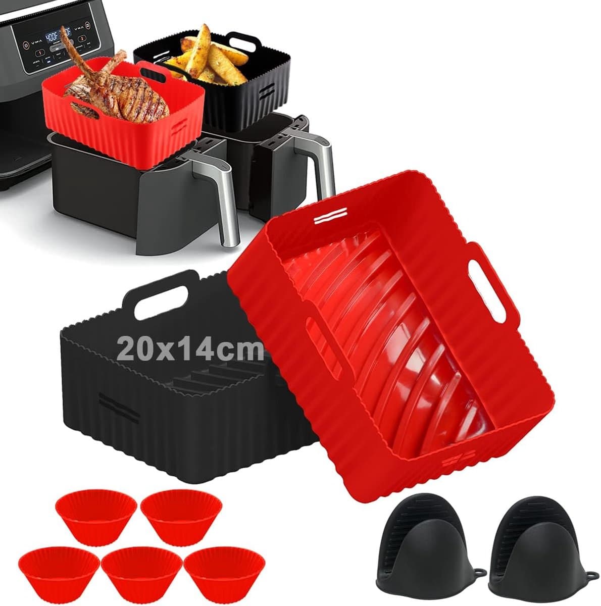2 stuks Dual Zone siliconen vormen voor heteluchtfriteuse, 22 x 14 cm, rechthoekige siliconen bakvorm, compatibel met Ninja Foodi AF300EU AF400EU, Innsky 8L, 7,6 - 9,5 l airfryer-accessoires (zwart + rood) — afbeelding 1