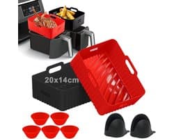 2 stuks Dual Zone siliconen vormen voor heteluchtfriteuse, 22 x 14 cm, rechthoekige siliconen bakvorm, compatibel met Ninja Foodi AF300EU AF400EU, Innsky 8L, 7,6 - 9,5 l airfryer-accessoires (zwart + rood)