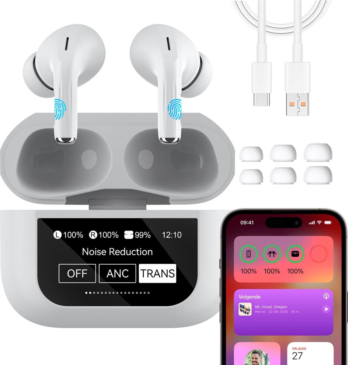 In-Ear Draadloze Oordopjes met Touch Display - Geschikt voor iPhone Oortjes - Nieuwe Bluetooth 5.4 - Noise Cancelling - Oortjes Draadloos - Originele Wireless EarBuds - Phreeze TWS9 Pro — afbeelding 1
