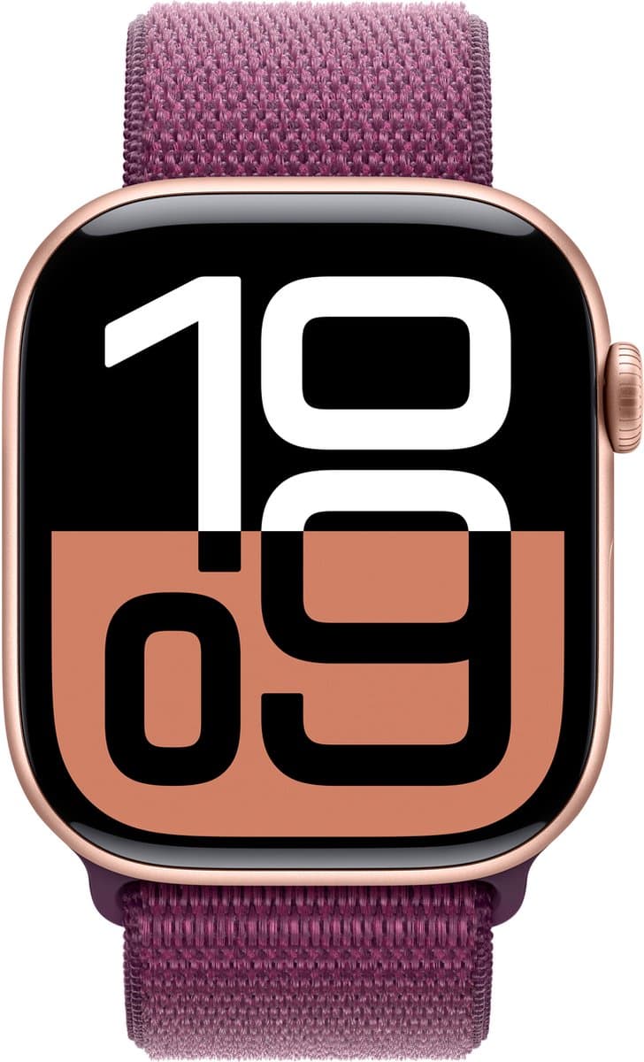 Apple Watch Series 10 - Wifi - 46mm - Rose Gouden Aluminium Case met Plum Geweven Sportbandje — afbeelding 1