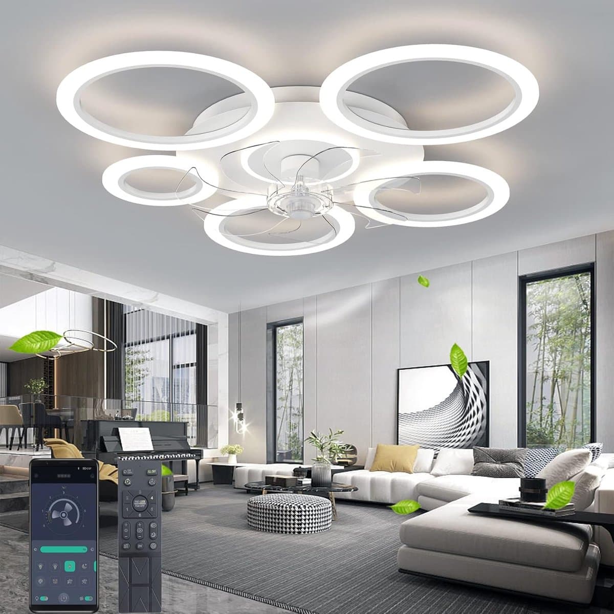 6 Ringen Plafondventilator - Wit - 6 Snelheden - Dimbaar Met Afstandsbediening en APP - Moderne Cirkel Ventilator Licht — afbeelding 1