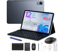POCKAM P12 - Tablet - Tablets - 48 GB RAM (8+40 GB) - 128 GB ROM - 12 inch 2K 120 Hz IPS - Android 16 - 10000 mAh /18 W - T7280 Octa Core - Dubbele camera - WiFi 5 - Bluetooth - Face ID - Toetsenbord - Stylus meegeleverd - Grijs