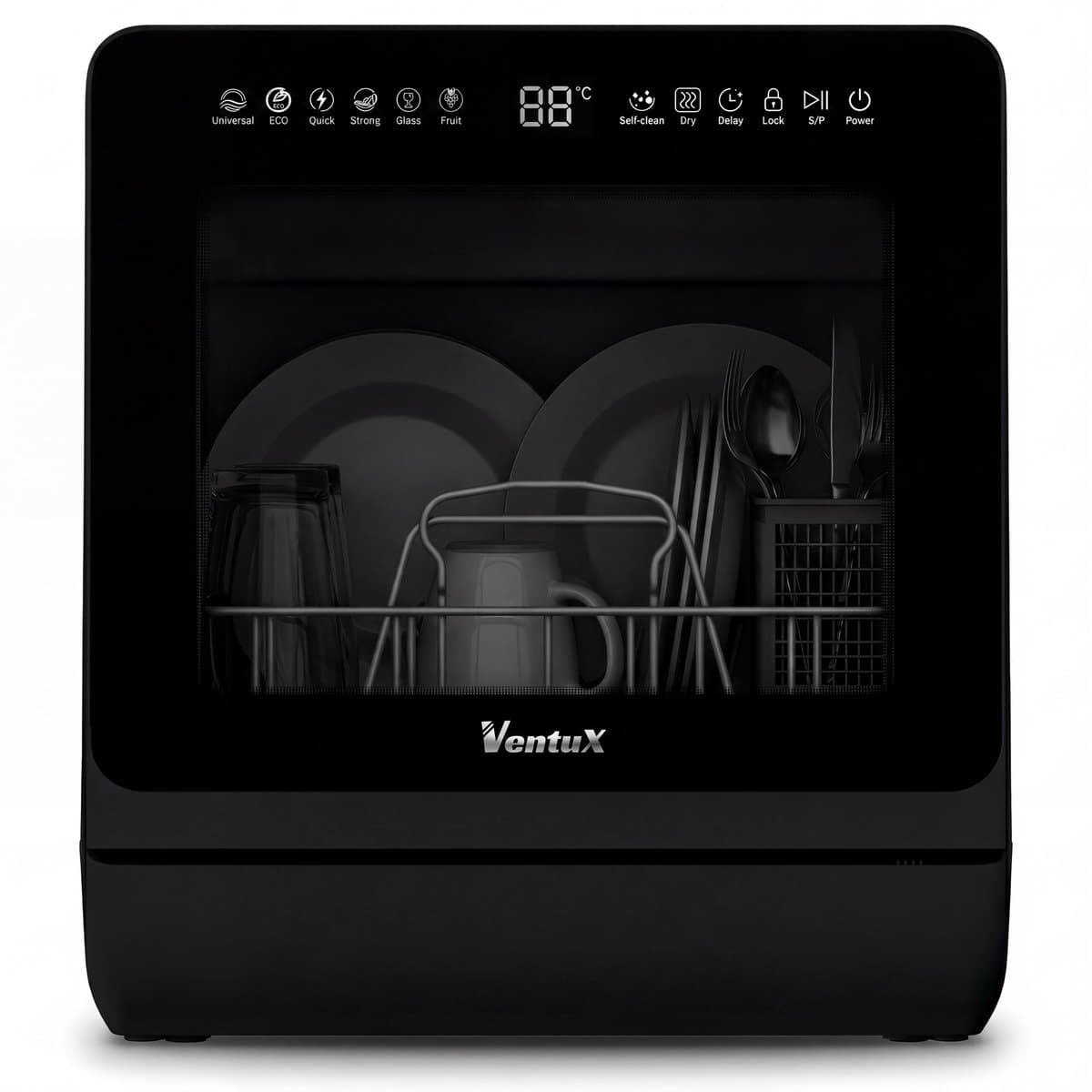 Ventux Mini Vaatwasser met Waterreservoir - 4-6 Couverts - 8 Programma's - Vrijstaande Vaatwasser - Mini Afwasmachine met UV-sterilisatie - Camping - Zwart — afbeelding 1