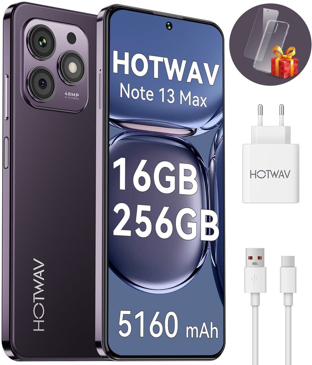 HOTWAV Note 13 Max mobiele telefoon senioren - Smartphone - 256GB - Paars - mobiele telefoon zonder abonnement - 2 jaar garantie - Met Transparante Hoes - 4G Dual SIM — afbeelding 1
