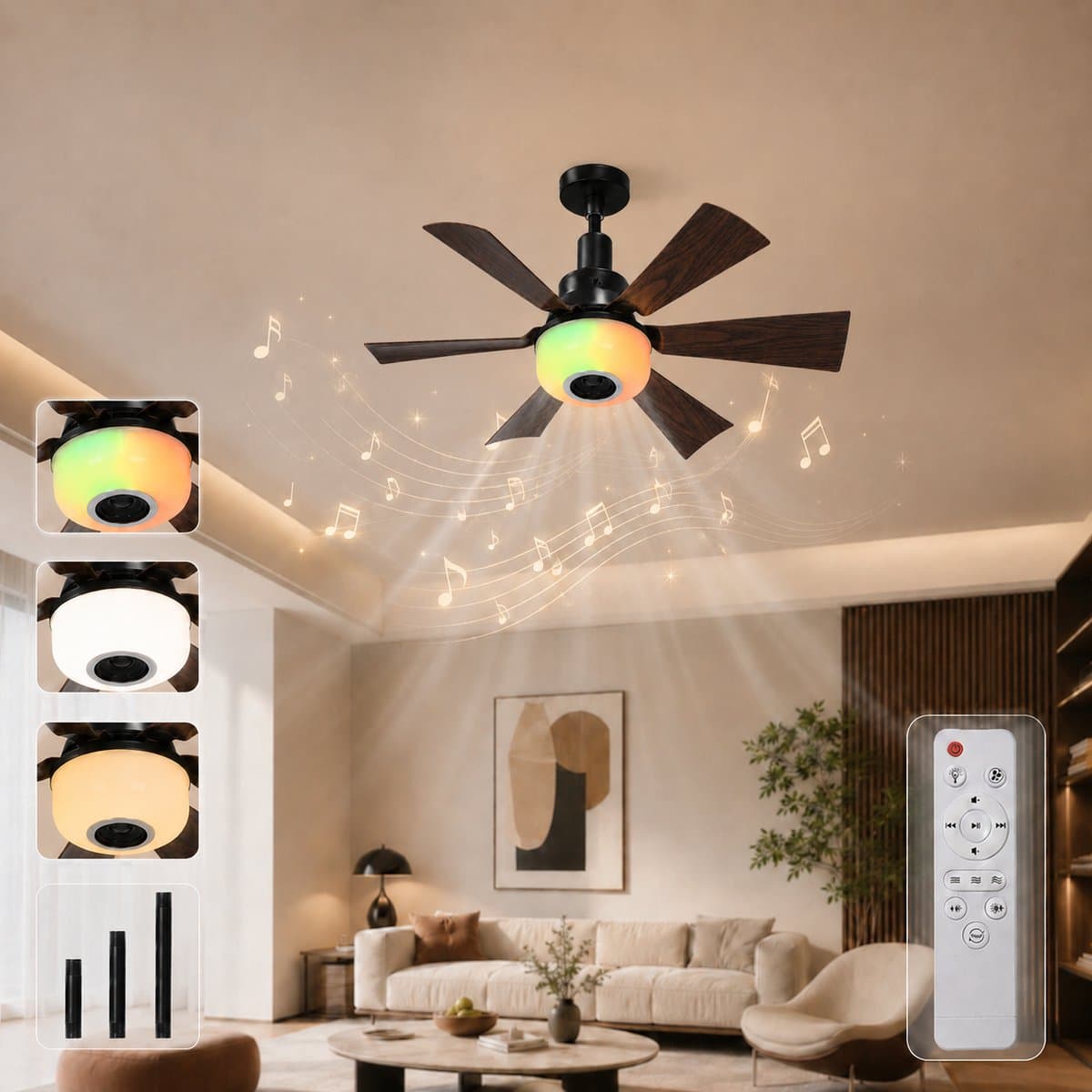 MUPOO Moderne plafondventilator met verlichting E27 Fitting met Kantelbare Ventilatorkop -Afstandsbediening& Bluetooth Speaker- RGB & 6 Verstelbare Hoogtes-Dimbaar& 3 Snelheden- ventilator lamp voor Slaapkamer Woonkamer — afbeelding 1