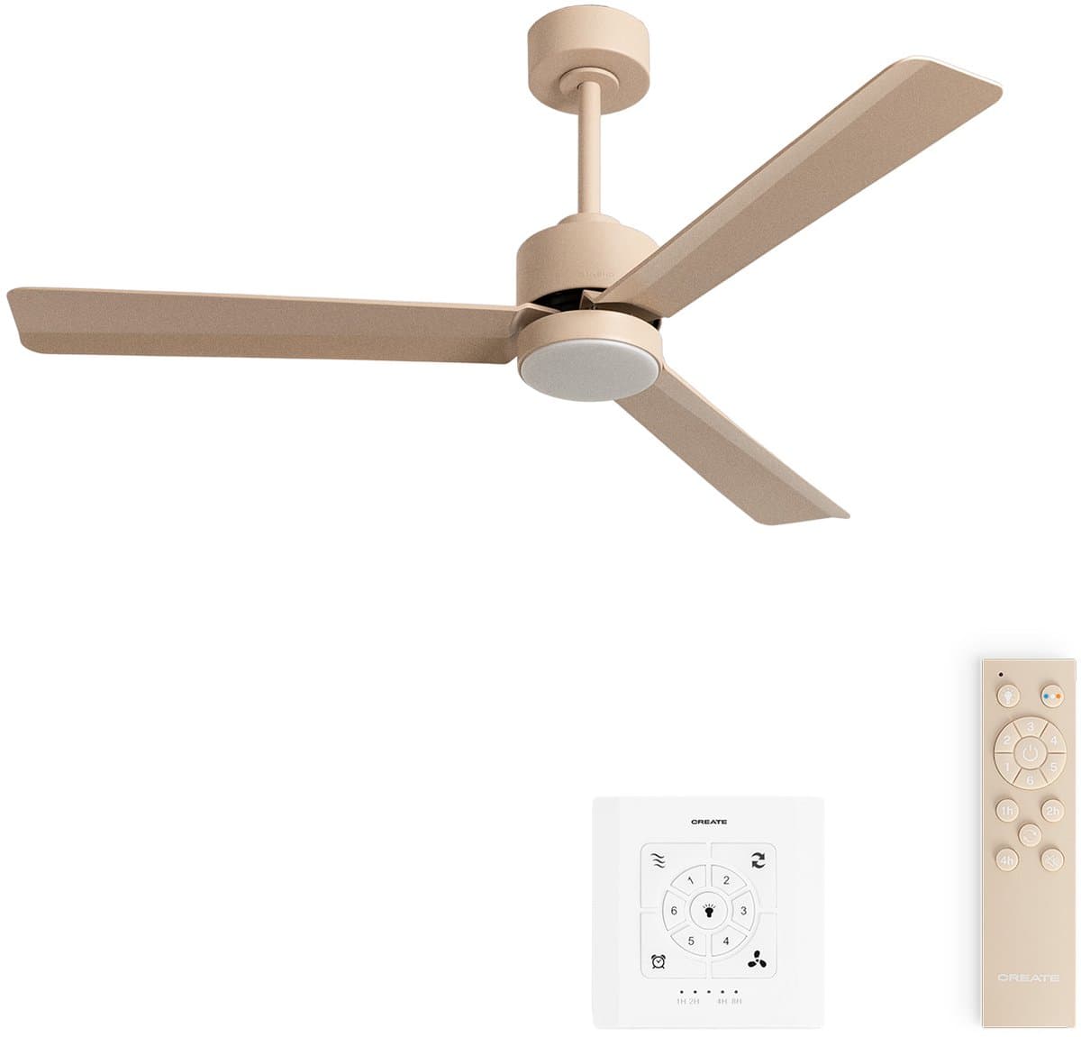 CREATE - Stille plafondventilator 40W met licht - Zand- Ø132cm -Controller voor wandmontage + afstandsbediening - WIND MODERN — afbeelding 1