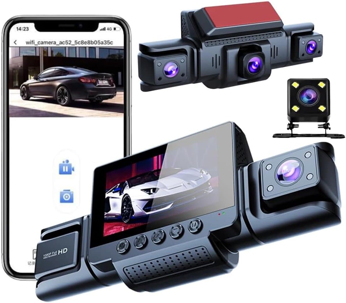 Dashcam Auto 360 graden - 4 camera's-1080p Full-HD, Inclusief 64GB geheugenkaart, wifi, nachtzicht, G-sensor, bewegingsdetector, 3 inch IPS-display, waterdicht, loop-opname,trigger bij ongevallen-WDR — afbeelding 1