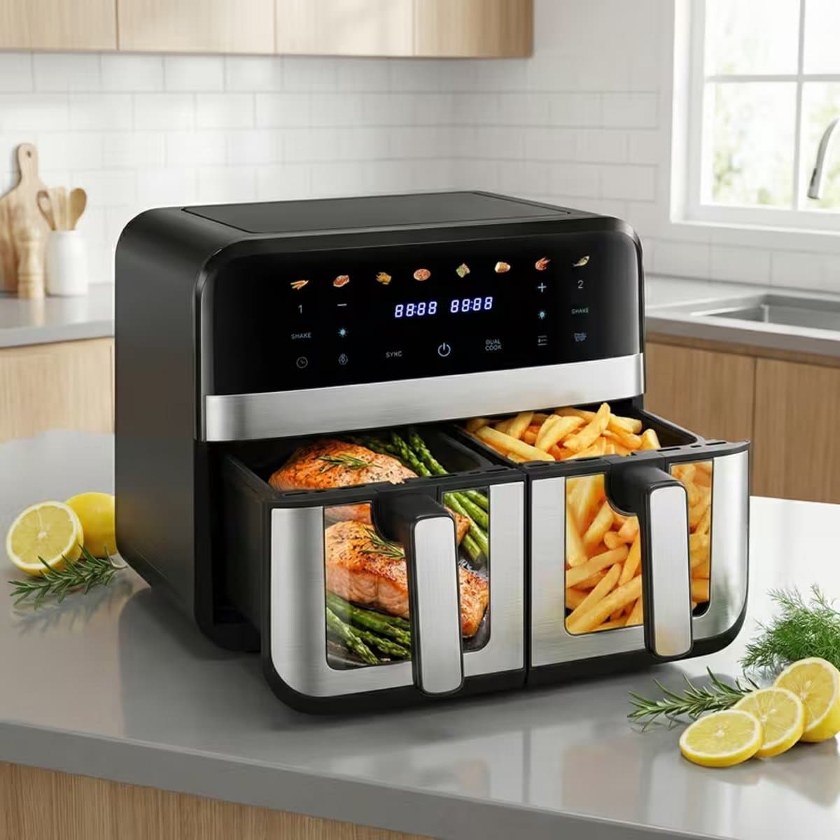 9.4L Airfryer met 2 Kamers & Kijkvenster – Dubbele Heteluchtfriteuse 8-in-1 – Touchscreen & Antiaanbak Mandjes — afbeelding 1
