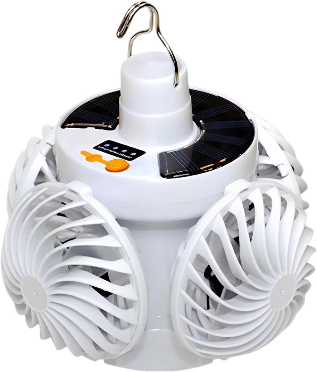 ZVD Plafondventilator – Op zonne-energie werkende ventilator met verlichting – Tentventilator met 4 bladen – Met LED-verlichting – Oplaadbaar via USB – Inclusief afstandsbediening – Ideaal voor kamperen, wandelen en verkoeling buitenshuis — afbeelding 1