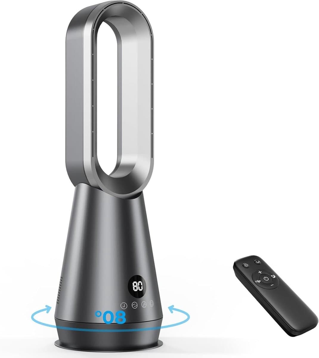 Bladloze Torenventilator - Stille Staande Fan - Comfortabele Verkoeling - 8 Windstanden 80° Oscillatie - 9 Uur Timer - Zilvergrijs — afbeelding 1