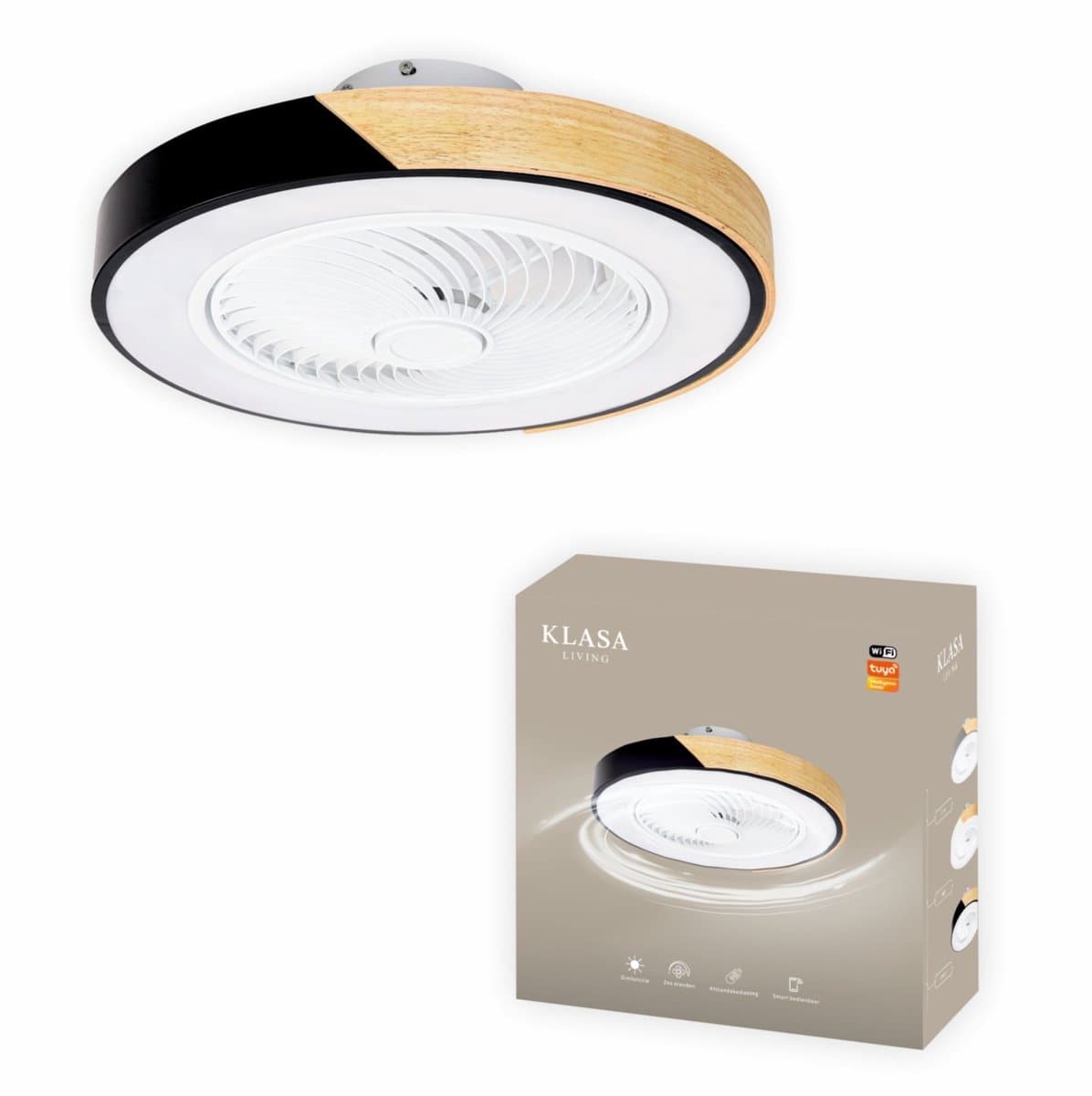 Slimme Plafondventilator - Zwart + Hout - Ø 52 cm - Stille Motor - Handige App - Dimfunctie - Plafond Ventilator met Verlichting - Plafondlamp met Ventilator — afbeelding 1