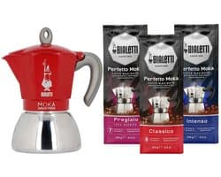 Bialetti Moka Inductie Rood - 6-kops - 150ml + Bialetti Koffie Proefpakket 3 x 250gr