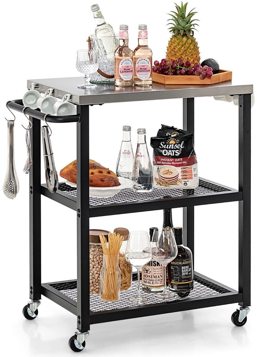 Buitenkeuken op Wielen – BBQ Trolley – Met Opbergkast & Planken – Werktafel voor Buiten – Hout & Metaal – Multifunctioneel – Zwart + Zilver — afbeelding 1