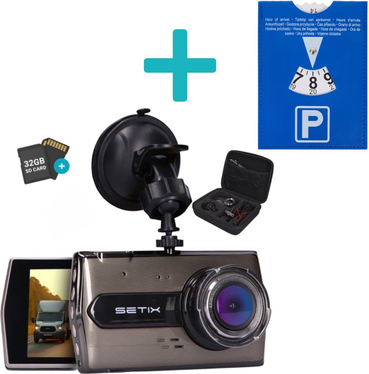 Setix Dashcam Go met Parkeerschijf - Voor en Achter Camera – Inclusief 32GB SD kaart - Full HD 1080P Resolutie – Met Opbergcase tegen Diefstal - Nachtzicht – Plug & Play - Parkeermodus - 170 Graden Kijkhoek – Loop Recording – 2025 Auto Camera — afbeelding 1