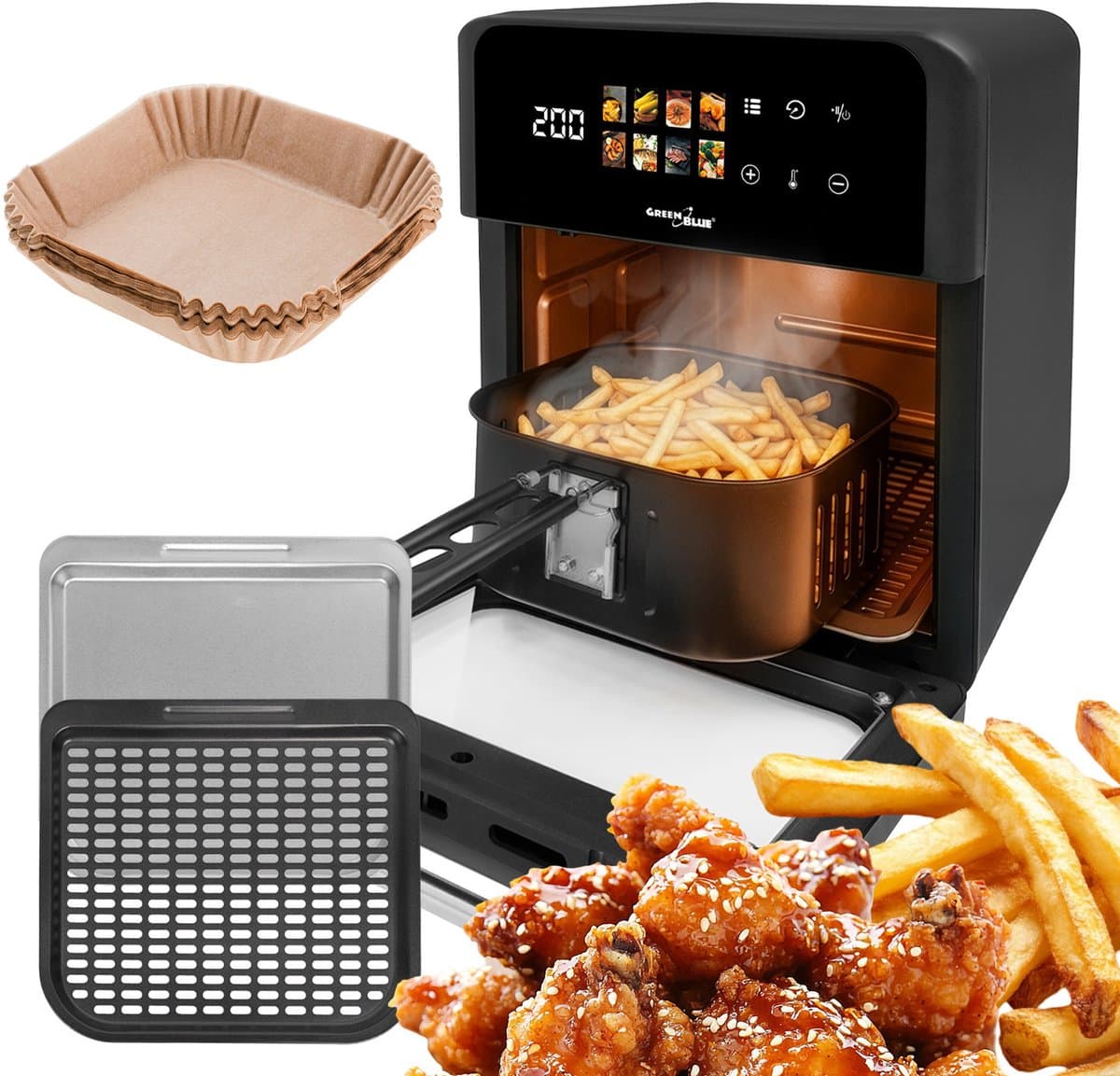 GreenBlue GB950 - AIR FRYER met 100 stuks Airfryer Bakpapier - Vetvrije friteuse - 1800 W - 10 l - 8 programma’s - Accessoires - Timer — afbeelding 1