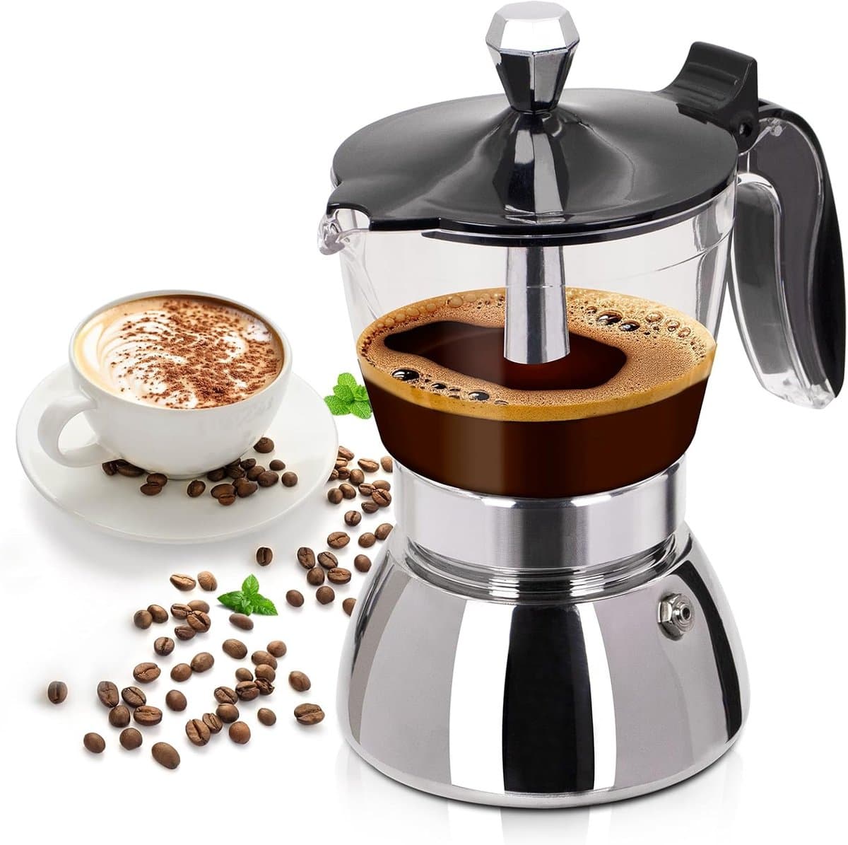 200ml Transparante Kunststof Moka Pot met Roestvrijstalen Onderdelen - 4 Kopjes, Italiaans Klassiek Fornuis Espressomachine, Geschikt voor Thuis, Kamperen & Reizen — afbeelding 1